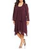 Ignite Evenings Plus Size Scoop Neck Long Sleeve Sequin Shoulder Midi Tiered Hem Jacket Dress, Color:Fig - Image 1