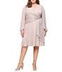 Ignite Evenings Plus Size Shimmer Bodre Surplice Neck Long Bubble Sleeve Twist Front Tea Dress, Color:Light Gold - Image 1