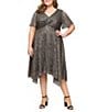 Ignite Evenings Plus Size Shimmer Bodre V-Neck Knot Front Short Flutter Sleeve Pointed Hem Empire Midi Dress, Color:Black/Gold - Image 1
