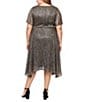 Ignite Evenings Plus Size Shimmer Bodre V-Neck Knot Front Short Flutter Sleeve Pointed Hem Empire Midi Dress, Color:Black/Gold - Image 2