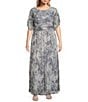 Color:Silver Multi - Image 1 - Plus Size Short Sleeve Crew Neck V-Back Ruched Waist Printed Dress