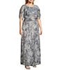 Color:Silver Multi - Image 3 - Plus Size Short Sleeve Crew Neck V-Back Ruched Waist Printed Dress