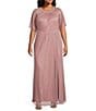 Color:Faded Rose - Image 1 - Plus Size Short Sleeve Embellished Cut-Out Crew Neck Front Slit Gown