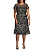 Color:Black/Multi - Image 1 - Plus Size Crew Neck Short Sleeve Embroidered Soutache Lace Illusion Midi Dress
