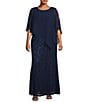 Ignite Evenings Plus Size Short Sleeve Round Neck Beaded Sequin Floral Lace Caplet Gown, Color:New Navy - Image 1