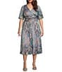 Ignite Evenings Plus Size Surplice Neck Elbow Flutter Sleeve Ruched Waist Shimmer Floral Print A-Line Midi Dress, Color:Blue/Multi - Image 1