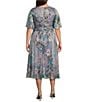 Ignite Evenings Plus Size Surplice Neck Elbow Flutter Sleeve Ruched Waist Shimmer Floral Print A-Line Midi Dress, Color:Blue/Multi - Image 2
