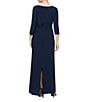 Color:Navy - Image 2 - Ruched Waist Embellished Illusion Sleeve Gown