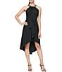 Color:Black - Image 1 - Beaded Halter Neck Satin Back Crepe High-Low Ruffle Front Sleeveless Dress