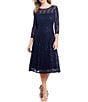 Color:Navy - Image 1 - Sequin Lace Round Neck 3/4 Sleeve Midi Dress