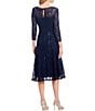 Color:Navy - Image 2 - Sequin Lace Round Neck 3/4 Sleeve Midi Dress