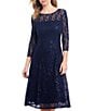 Color:Navy - Image 3 - Sequin Lace Round Neck 3/4 Sleeve Midi Dress