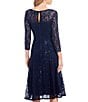 Color:Navy - Image 4 - Sequin Lace Round Neck 3/4 Sleeve Midi Dress