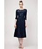 Color:Navy - Image 5 - Sequin Lace Round Neck 3/4 Sleeve Midi Dress