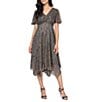 Ignite Evenings Shimmer Bodre V-Neck Knot Front Short Flutter Sleeve Pointed Hem Empire Midi Dress, Color:Black/Gold - Image 1