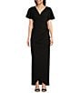 Ignite Evenings Short Flutter Sleeve V-Neck Glitter Knit Empire Embellished Waist Faux Wrap Maxi Dress, Color:Black - Image 1