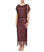 Color:Fig - Image 1 - Short Sleeve Fringe Hem Crochet Blouson Round Neck Dress