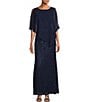 Color:New Navy - Image 1 - Short Sleeve Round Neck Beaded Sequin Floral Lace Capelet Gown