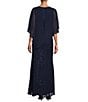 Color:New Navy - Image 2 - Short Sleeve Round Neck Beaded Sequin Floral Lace Capelet Gown