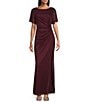 Color:Fig - Image 1 - Short Sleeve Round Neck Front Slit Glitter Jersey Dress