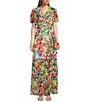 Color:White/Multi - Image 1 - Short Sleeve V-Neck Cascade Ruffle Printed Ruched Waist A-Line Maxi Dress
