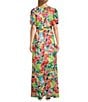 Color:White/Multi - Image 2 - Short Sleeve V-Neck Cascade Ruffle Printed Ruched Waist A-Line Maxi Dress