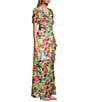 Color:White/Multi - Image 3 - Short Sleeve V-Neck Cascade Ruffle Printed Ruched Waist A-Line Maxi Dress