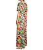Color:White/Multi - Image 4 - Short Sleeve V-Neck Cascade Ruffle Printed Ruched Waist A-Line Maxi Dress