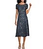 Color:Steel Blue - Image 1 - Stretch Sequin Lace Short Sleeve Illusion Boat Neck A-Line Midi Dress