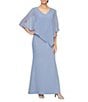 Ignite Evenings V-Neck 3/4 Chiffon Overlay Sleeve Metallic Knit Popover Gown, Color:Periwinkle - Image 1