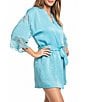 In Bloom by Jonquil In Bloom By Jonquil 3/4 Sleeve Textured Shimmer Satin Short Robe, Color:Aqua - Image 3