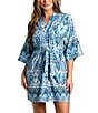 Color:Lagoon Blue - Image 1 - In Bloom By Jonquil Ikat Print 3/4 Sleeve Shawl Collar Brushed Knit Wrap Robe