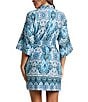 Color:Lagoon Blue - Image 2 - In Bloom By Jonquil Ikat Print 3/4 Sleeve Shawl Collar Brushed Knit Wrap Robe