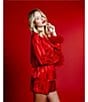 In Bloom by Jonquil In Bloom By Jonquil Long Sleeve Notch Collar Feather Trimmed Shorty Pajama Set, Color:Red - Image 5
