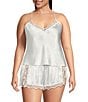 Color:Ivory - Image 1 - Plus Size Solid Satin & Lace Shorty Pajama Set