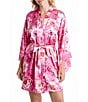Color:Hot Pink - Image 1 - In Bloom By Jonquil Satin Floral 3/4 Sleeve Coordinating Wrap Robe