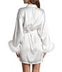 Color:White - Image 2 - Satin Long Sleeve Feather Trim Coordinating Wrap Robe