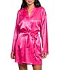In Bloom by Jonquil Satin Long Sleeve Shawl Collar Heart Print Coordinating Short Wrap Robe, Color:Hot Pink - Image 1