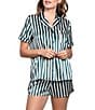 In Bloom by Jonquil Satin Stripe Print Short Sleeve Notch Collar Button-Front Shorty Pajama Set, Color:Green - Image 1