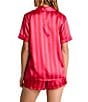 Color:Red/Pink - Image 2 - Satin Striped Notch Collar Shorty Pajama Set