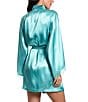 Color:Jade - Image 2 - Scallop Lace 3/4 Kimono Sleeve Shawl Collar Short Satin Wrap Robe