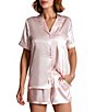 Color:Blush/Ivory - Image 1 - Short Sleeve Notch Collar Satin Shorty Pajama Set
