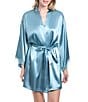 In Bloom By Jonquil Solid 3/4 Sleeve Satin Short Robe with Lace - Image 1