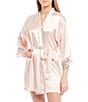 Color:Blush - Image 1 - Solid Satin & Lace Short Wrap Robe