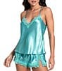 Color:Jade - Image 1 - Solid Satin Lace Sleeveless Shorty Pajama Set