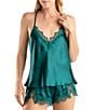 Color:Aventurine Green - Image 1 - Solid Satin Lace Sleeveless Shorty Pajama Set