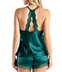Color:Aventurine Green - Image 2 - Solid Satin Lace Sleeveless Shorty Pajama Set