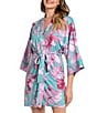 Color:Jade - Image 1 - In Bloom By Jonquil Tropical Leaf Print 3/4 Sleeve Brushed Knit Short Robe