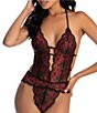 Color:Red - Image 1 - Two Tone Deep V-Neck Lace Teddy