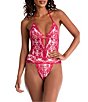 Color:Hot Pink - Image 1 - In Bloom By Jonquil Two-Tone Halter Strap Lace Plunge V-Neck Teddy